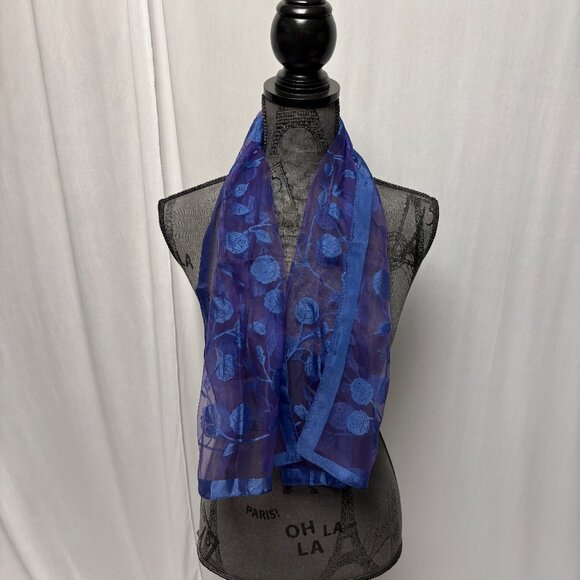 Sheer Blue Floral Scarf Chiffon Embroidered Rose Design Classic Vintage - Picture 1 of 5